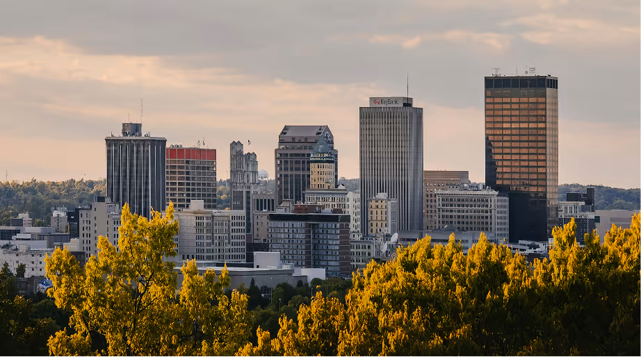 City skyline with various tall buildings behind a foreground of green trees under a cloudy sky.